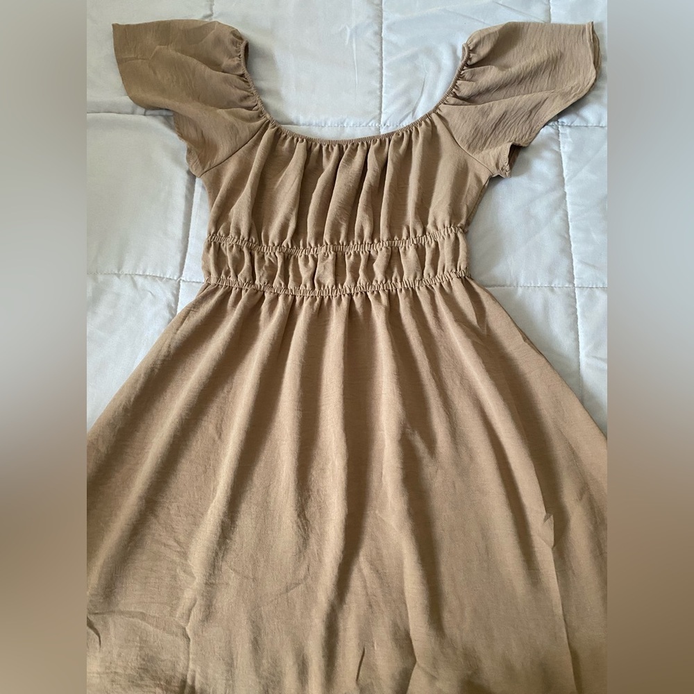 Tan Flutter Sleeve Mini Dress, XS